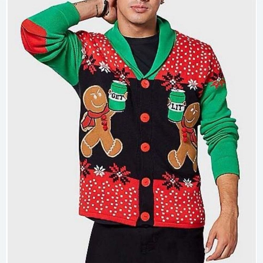 Spencer's Workshop Ugly Christmas Cardigan Mens Large Red Get Lit Gingerbread